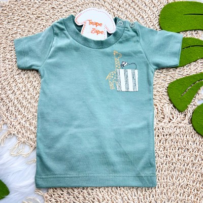 Conj Camiseta Verde Girafa e Hipopotamo e Short Listrado 